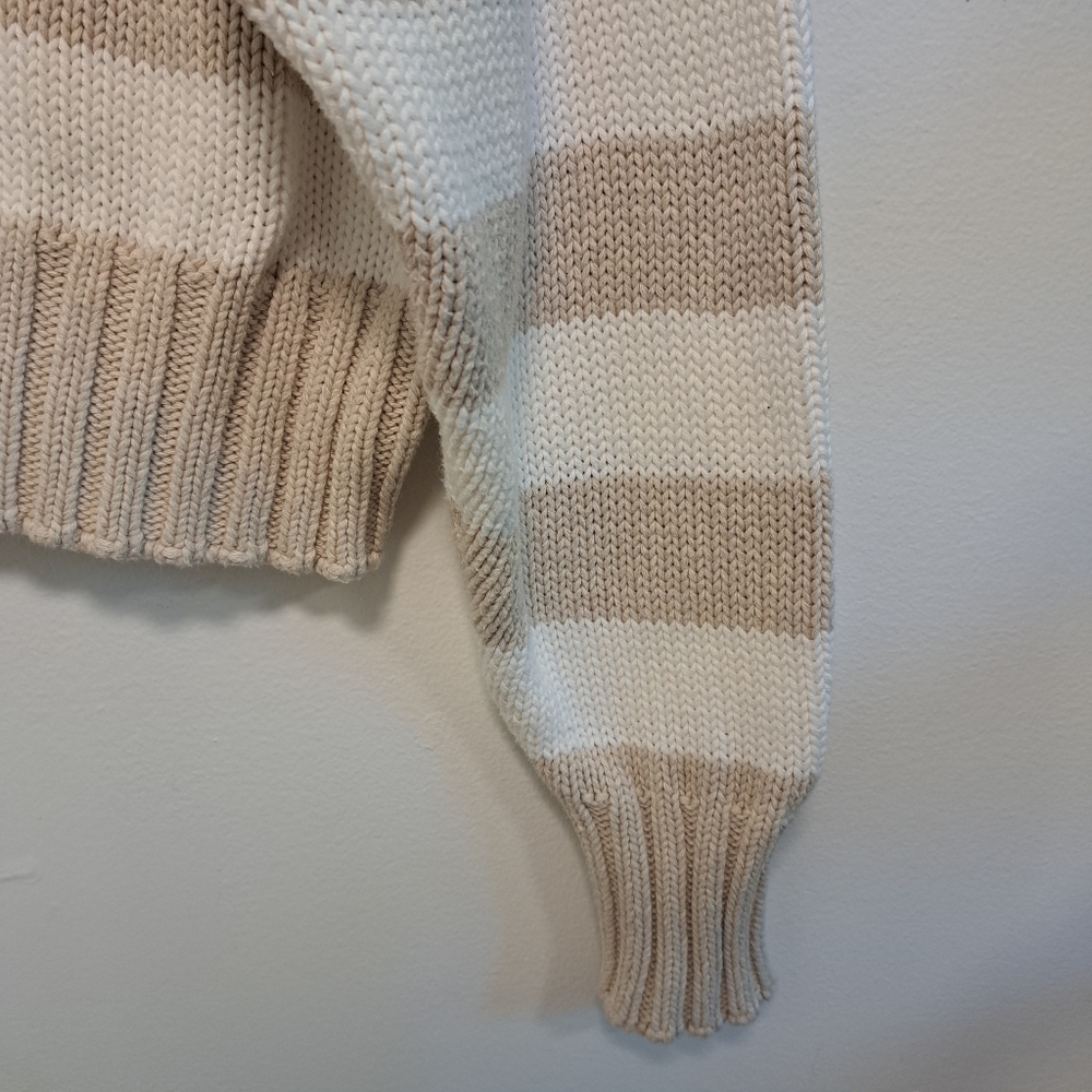 Quince 100% Organic Cotton Cropped Polo Sweater Beige Striped Fishman Sz S - Picture 4 of 10